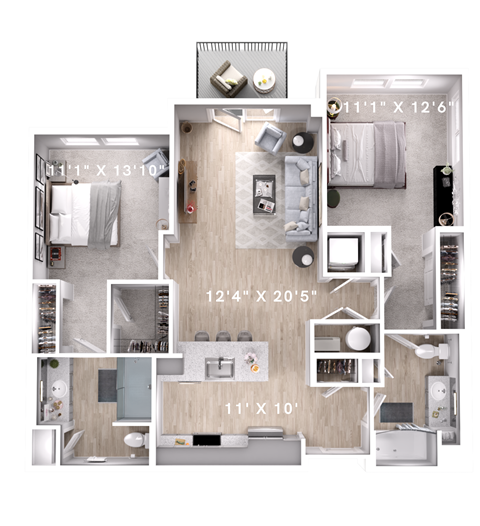 Floor plan for 2 beds, 2 baths, 1089 sqft